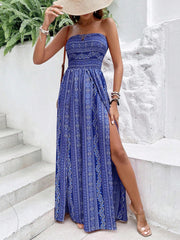 Paisley Print Halter Neck Slit Wide Leg Jumpsuit - kinko