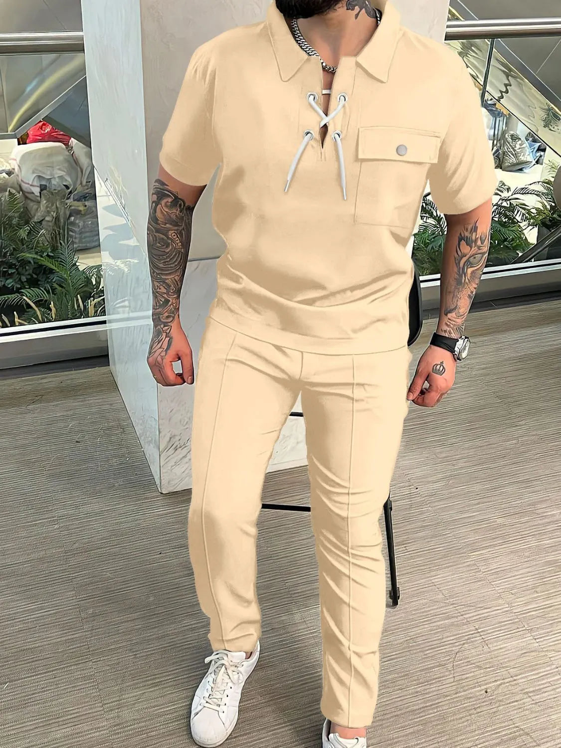 Men's Full Size Lace Up Short Sleeve Top and Pants Plus Size - kinko