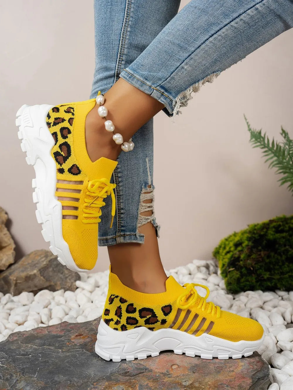 Cutout Leopard Lace Up Mesh Athletic - kinko