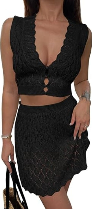Saodimallsu Womens Two Piece Crochet Swimsuit Cover Ups Sleeveless V Neck Crop Tops Skirt Sets Beach Vacation Outfits - kinko