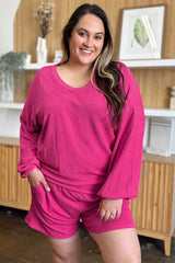 Double Take Full Size Texture V-Neck Long Sleeve T-Shirt and Shorts Set - kinko