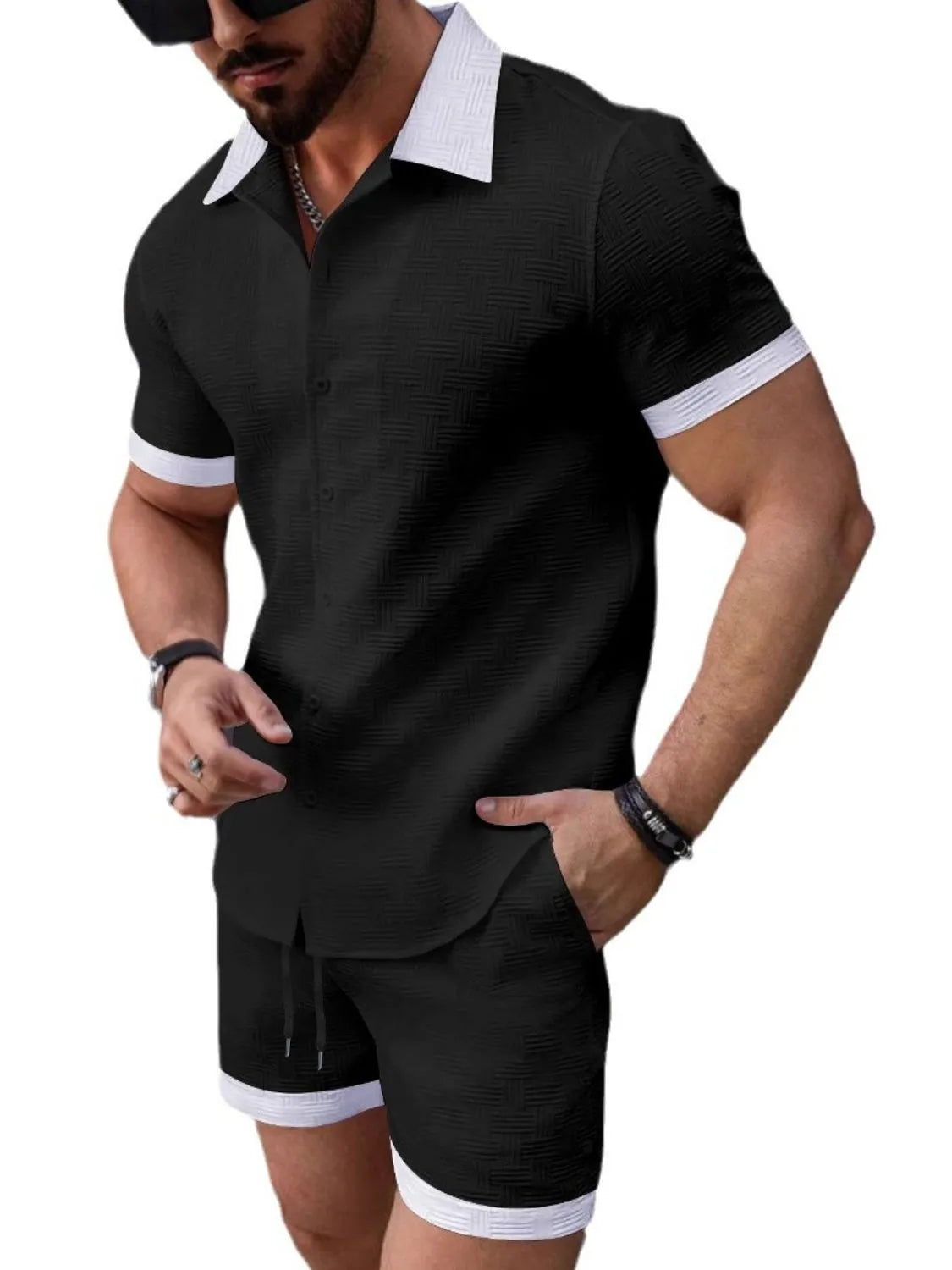 Men's Button Up Short Sleeve Shirt and Shorts Set - kinko