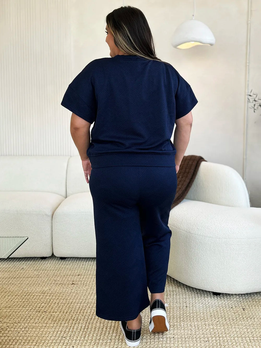 Double Take Full Size Texture Short Sleeve Top and Pants Set - kinko