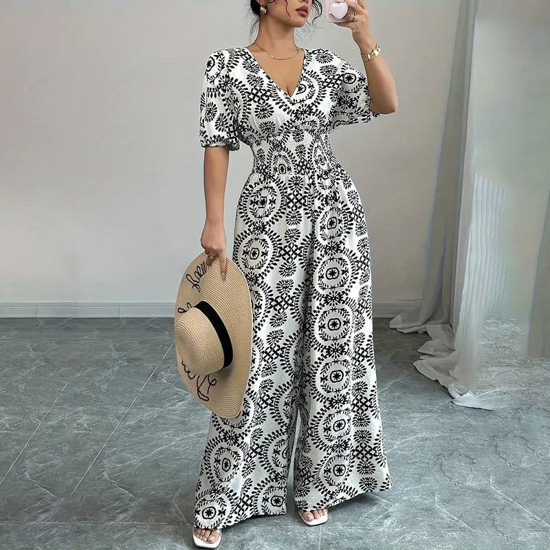 Womens Jumpsuits Short Sleeve V Neck Smocked Dressy Casual Wide Leg Pants Romper 2025 Summer One Piece Outfits - kinko