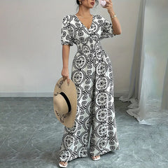 Womens Jumpsuits Short Sleeve V Neck Smocked Dressy Casual Wide Leg Pants Romper 2025 Summer One Piece Outfits - kinko