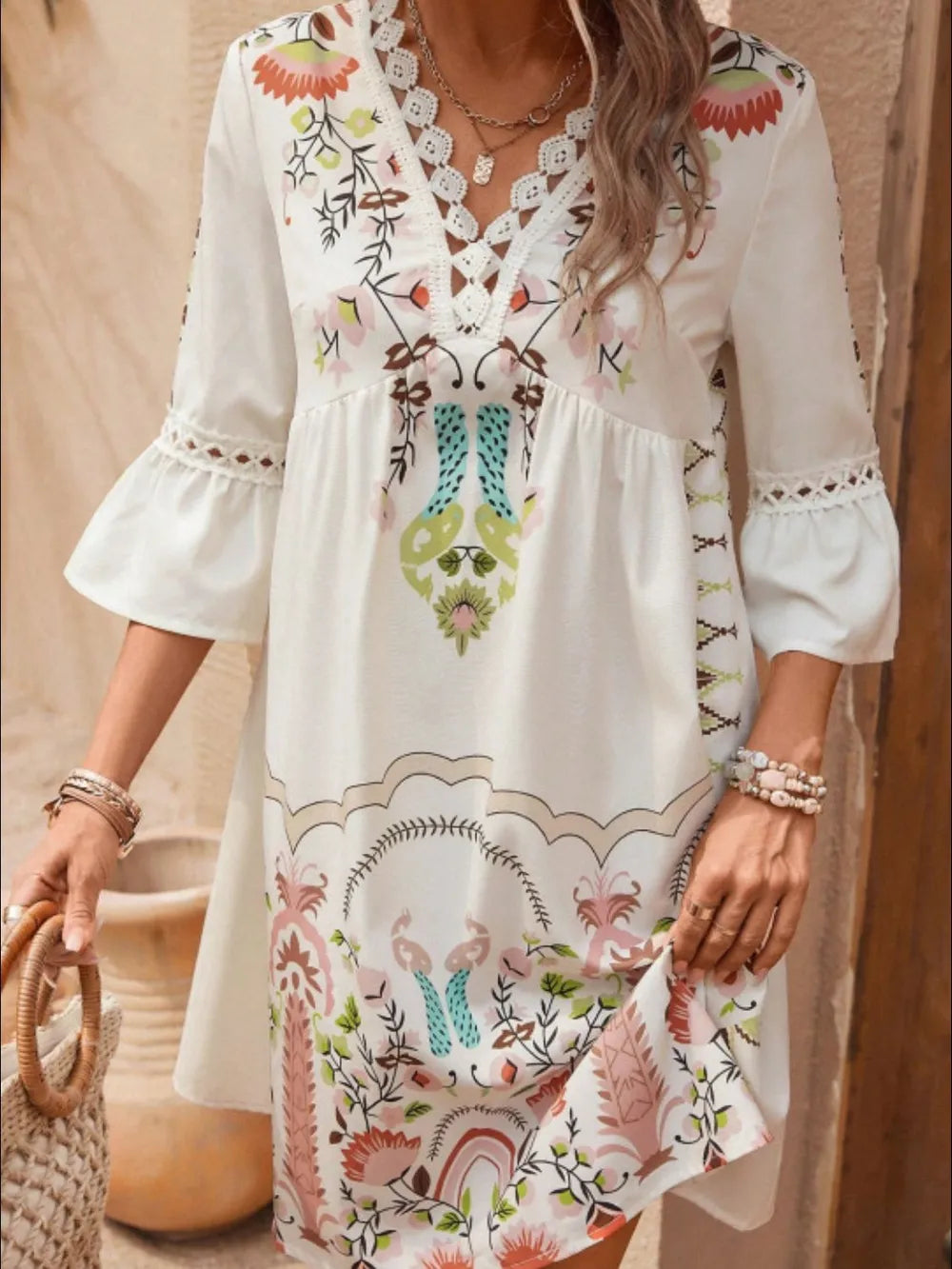 Lace Detail Printed Three-Quarter Sleeve Dress - kinko