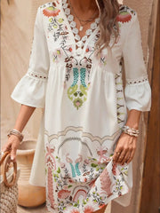 Lace Detail Printed Three-Quarter Sleeve Dress - kinko