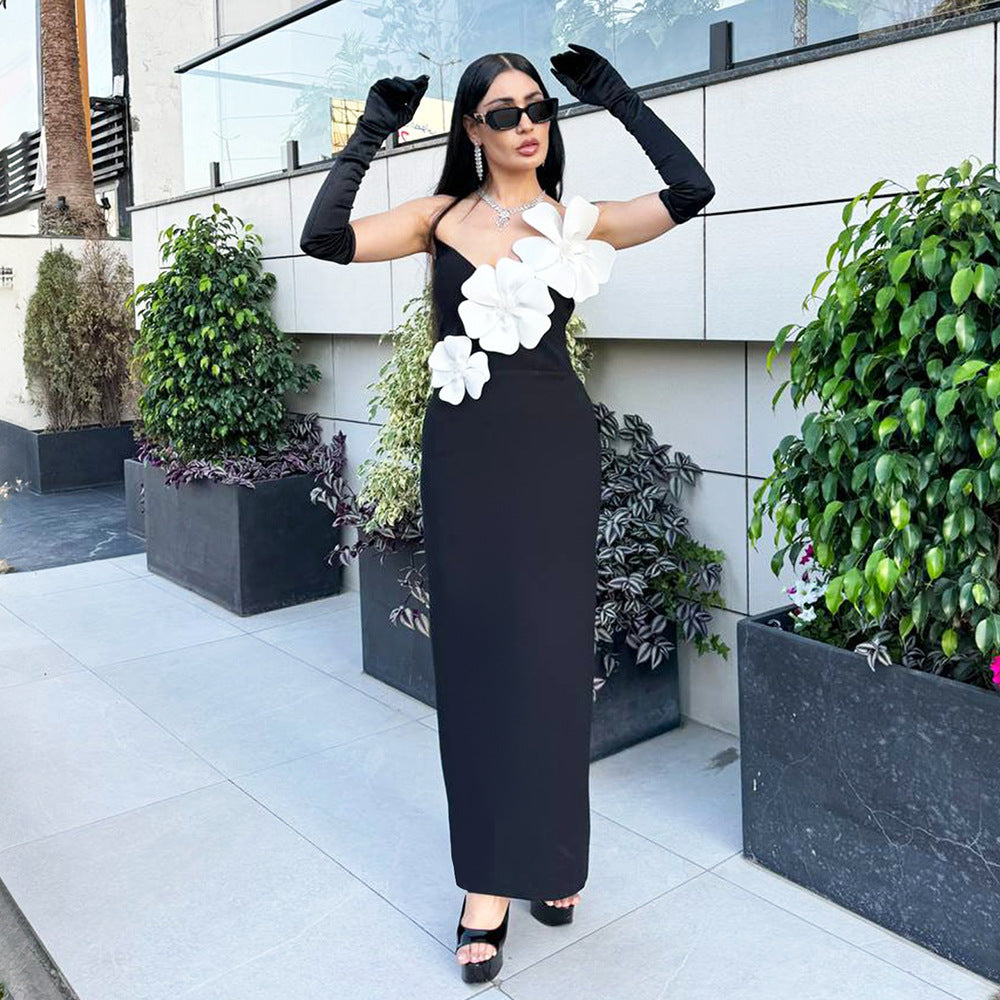 Black Backless Bandage Chest White Exquisite Flower Decorative Dress For Women Dress - kinko