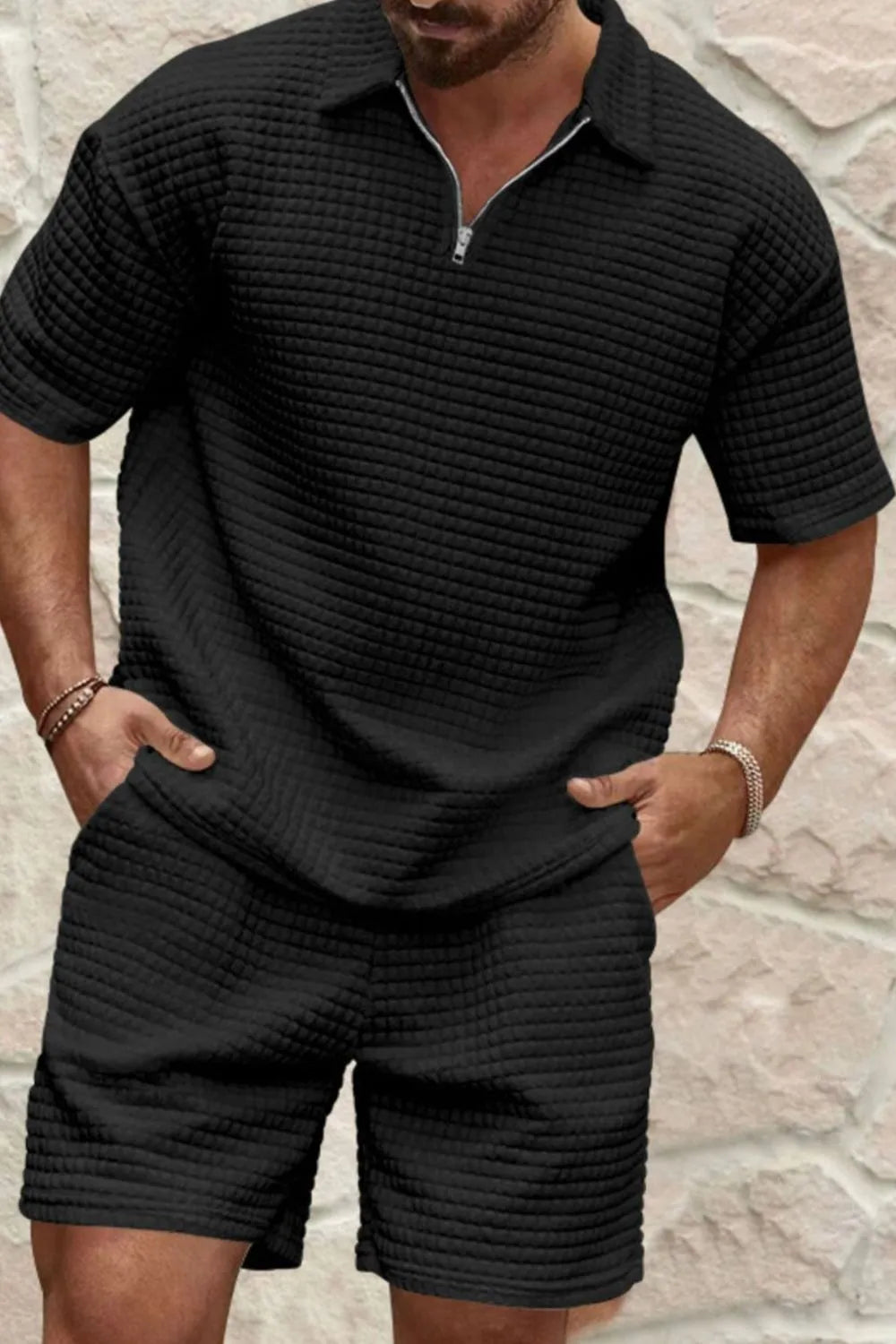 Men's Full Size Zip Collar Short Sleeve Top and Shorts Set Plus Size - kinko
