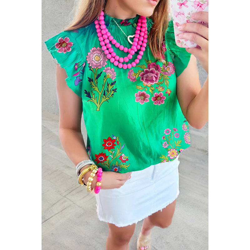 Women's Pullover Ruffled Loose Printed Shirt - kinko
