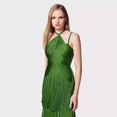 Green Halter Spaghetti Straps Tassel Dinner Ball Dress - kinko