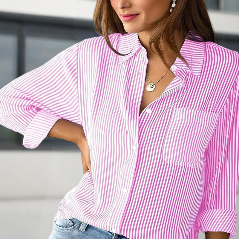 Women's Elegant Striped Long Sleeve Shirt - Pointed Lapel Collar With Chest Pocket, Button-Up Casual Blouse For Spring&Fall - kinko