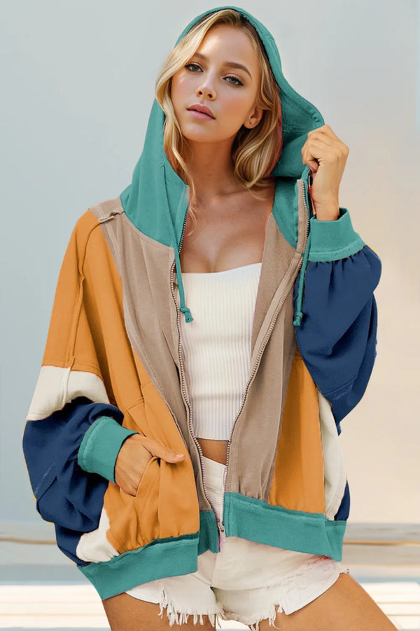 Double Take – Kapuzenpullover mit Reißverschluss und Farbblockdesign in voller Größe
