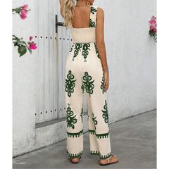 Women's Summer Boho Jumpsuits One Piece Beach Vacation Outfits Shirred Strap Wide Leg Pants Rompers With Pockets - kinko