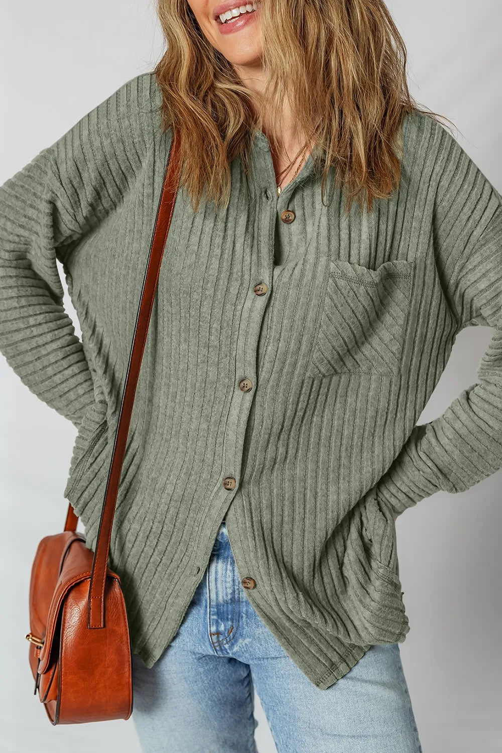 Ribbed Knit Button-Up Cardigan - kinko