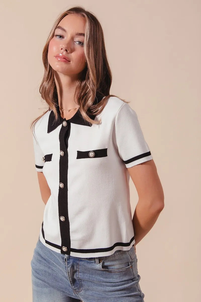 SO ME Button Down Knitted Sweater Shirt Top - kinko