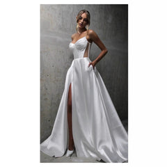 White Satin Slit Pocket Bandage Wedding Dress - kinko