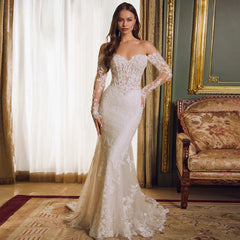 Off-shoulder Lace Long Sleeve Fishtail Gown - kinko