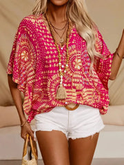 Printed V-Neck Half Sleeve Top - kinko