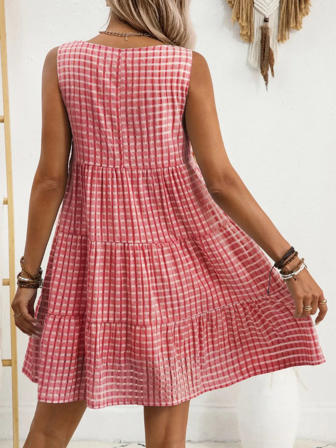 Plaid Round Neck Sleeveless Mini Dress - kinko