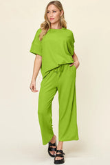 Double Take Full Size Texture Round Neck Short Sleeve T-Shirt and Wide Leg Pants - kinko