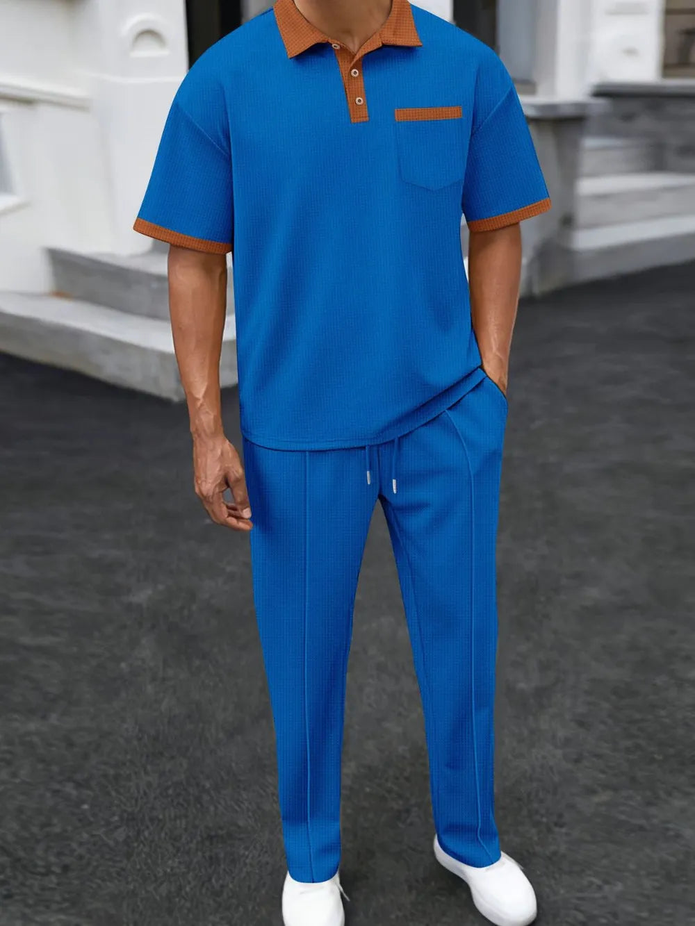 Men's Full Size Waffle-Knit Contrast Polo and Pants Set Plus Size - kinko