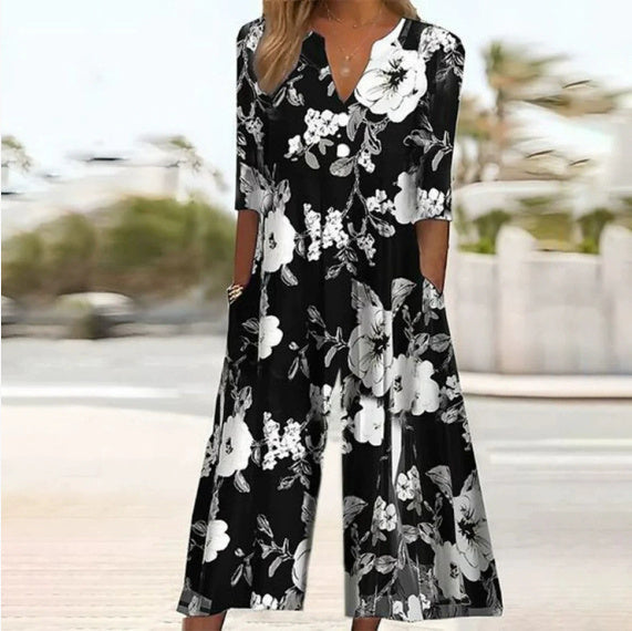 Spring And Summer Print Women's Pocket Collar Jumpsuit - kinko