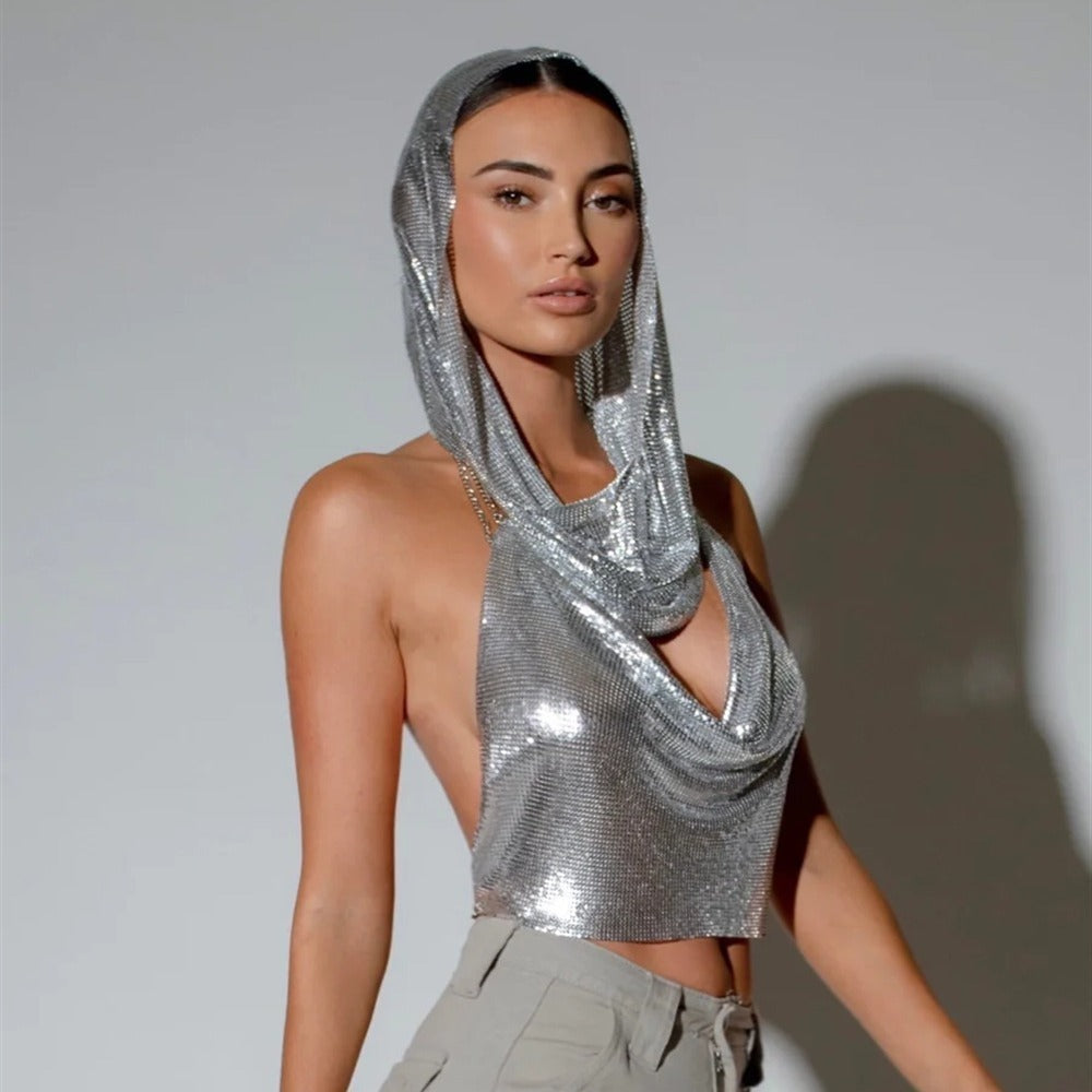 Back Slit Metal Sequins Top Scarf Two-piece Set - kinko