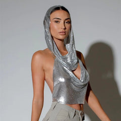 Back Slit Metal Sequins Top Scarf Two-piece Set - kinko