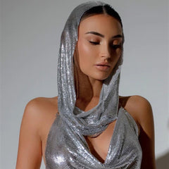 Back Slit Metal Sequins Top Scarf Two-piece Set - kinko