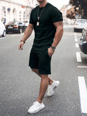 Men's Plus Size Round Neck Short Sleeve Top and Shorts Set - kinko