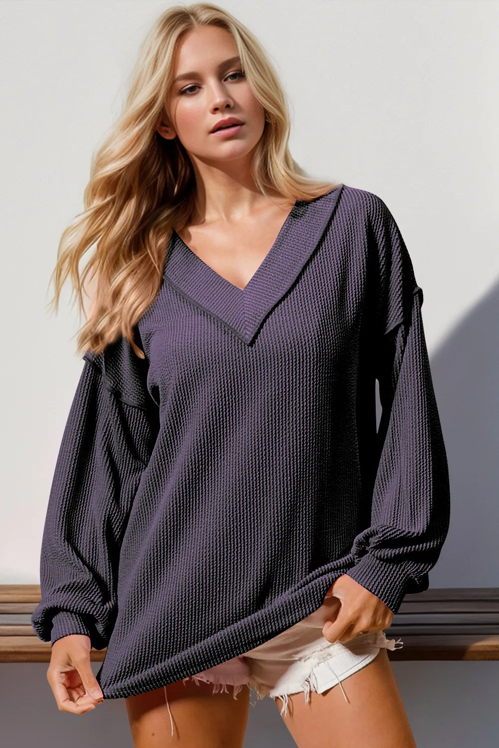 Double Take Exposed Seam Ribbed Textured V-Neck Long Sleeve T-Shirt - kinko