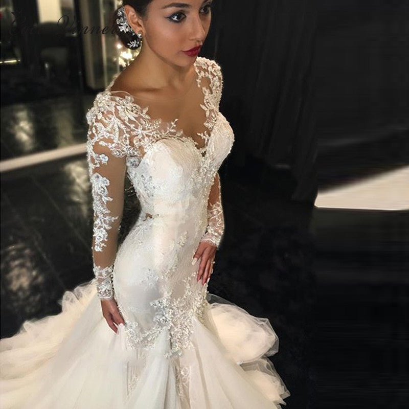 Trailing White Temperament Is Thin And Long Lace Wedding Dress - kinko