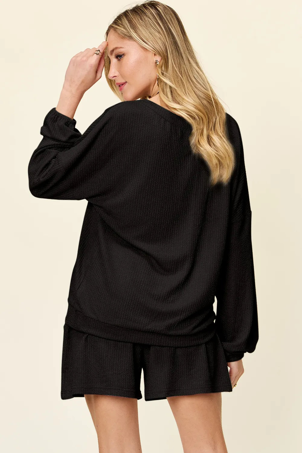 Double Take Full Size Texture V-Neck Long Sleeve T-Shirt and Shorts Set - kinko