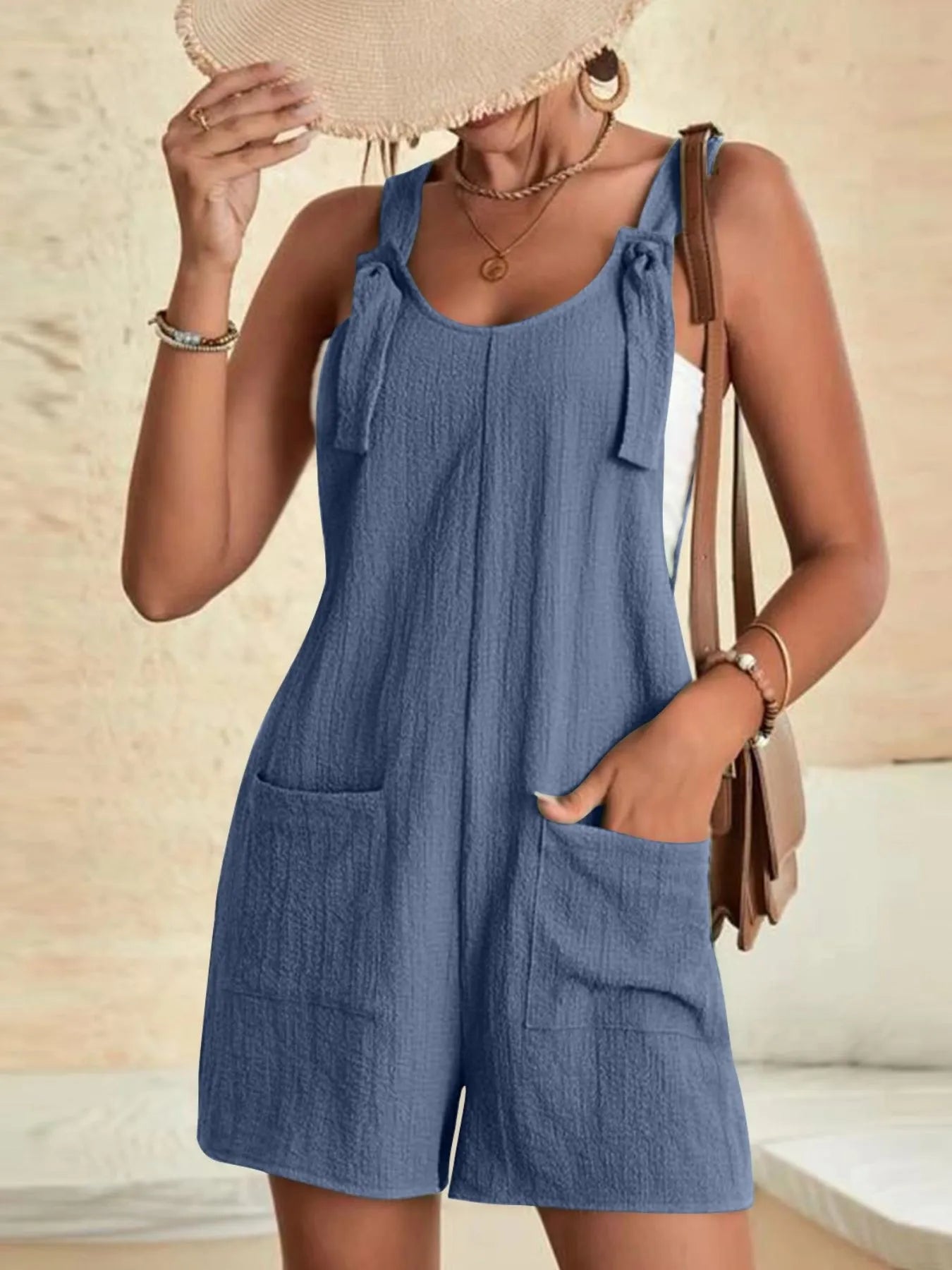Full Size Knot Strap Romper with Pockets Plus Size - kinko