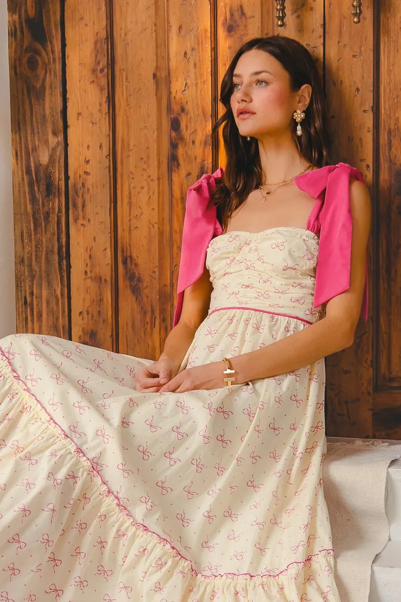 SO ME Ribbon Flowy Maxi Dress with Contrast Trim - kinko