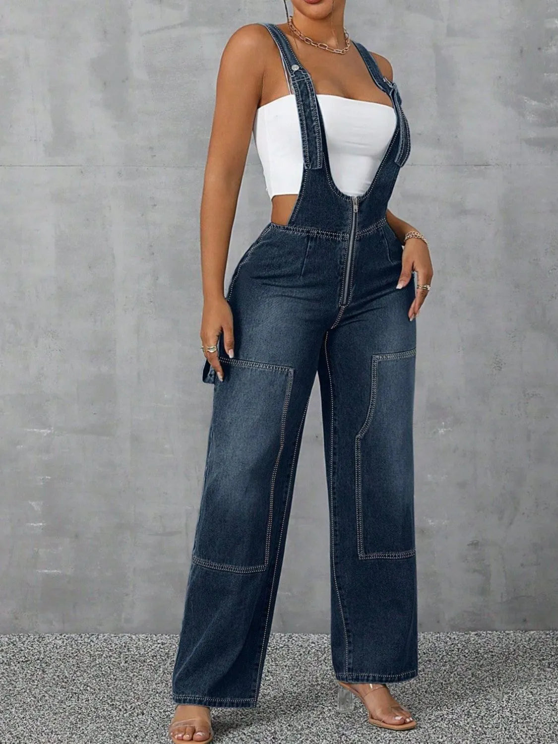 Zip Front Wide Strap Denim Overalls - kinko