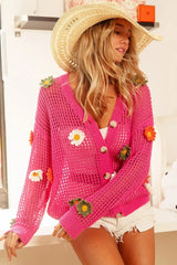 BiBi Flower Patches Open Knit Sweater Cardigan - kinko