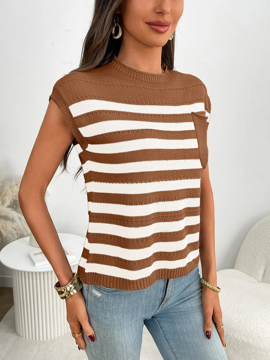 Striped Mock Neck Cap Sleeve Knit Top - kinko