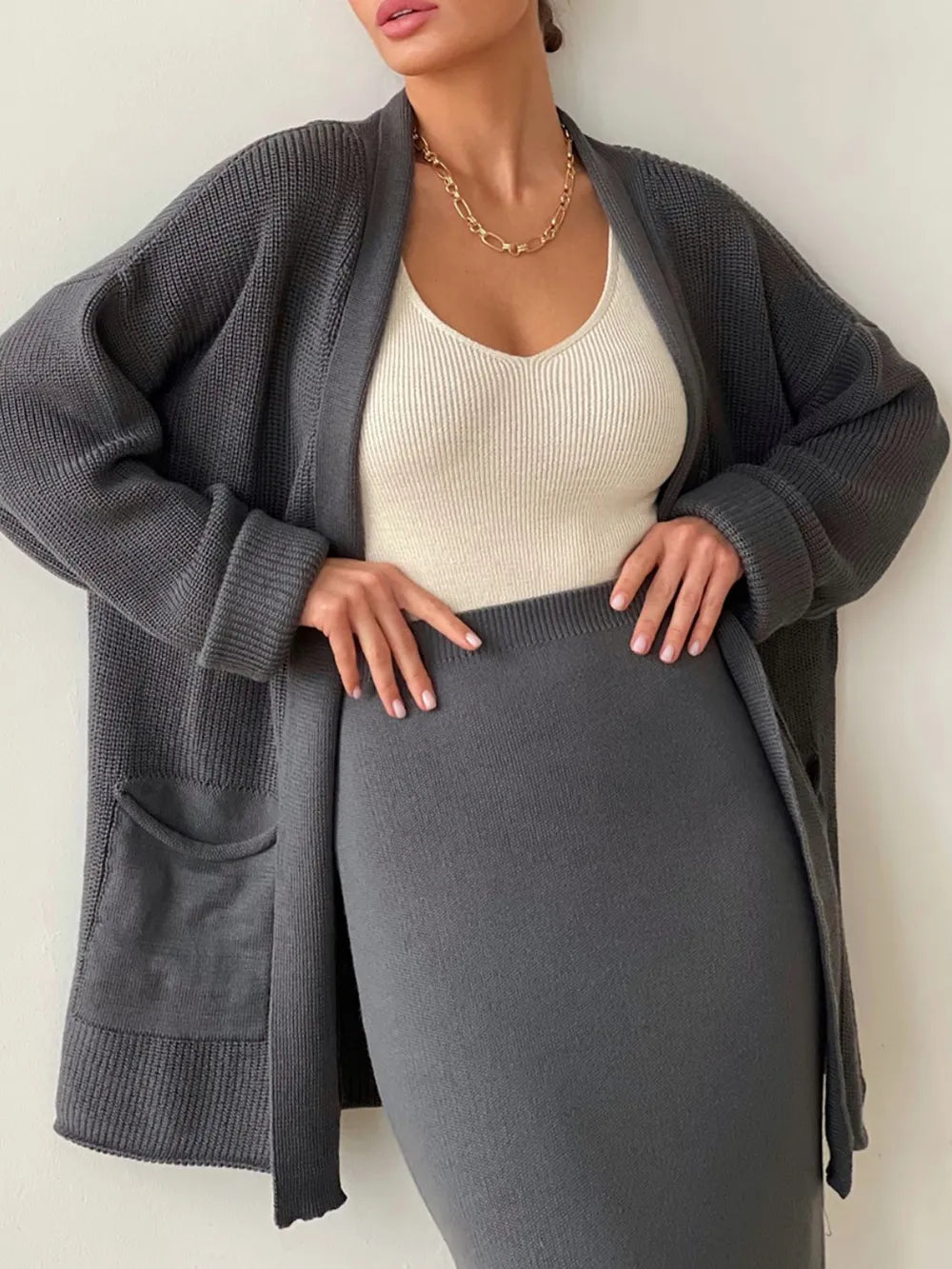Pocketed Long Sleeve Cardigan and Skirt Sweater Set - kinko