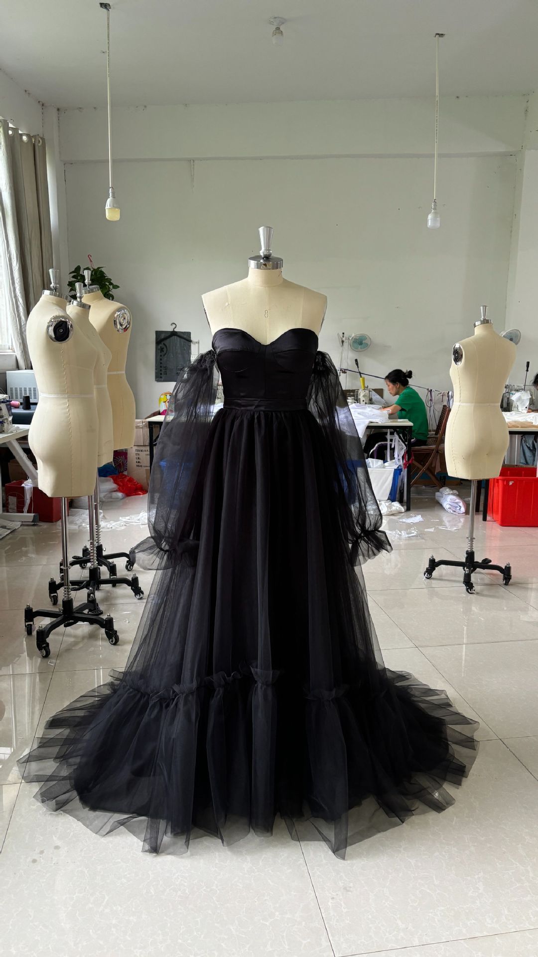 Women's Long Sleeve Transparent Lace Black Wedding Dress - kinko