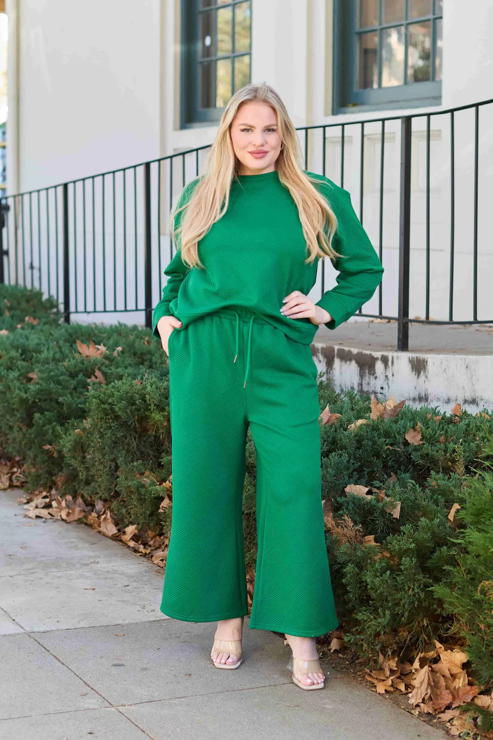 Double Take Full Size Textured Long Sleeve Top and Drawstring Pants Set - kinko
