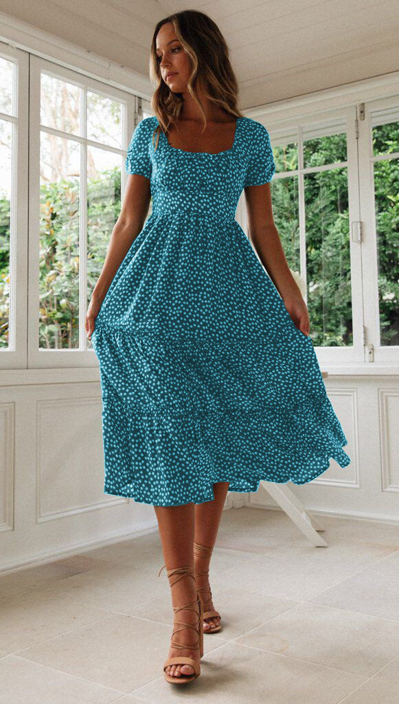 Square Collar Short Sleeve Dress Summer Puff Floral Printed Dress Long Dresses - kinko