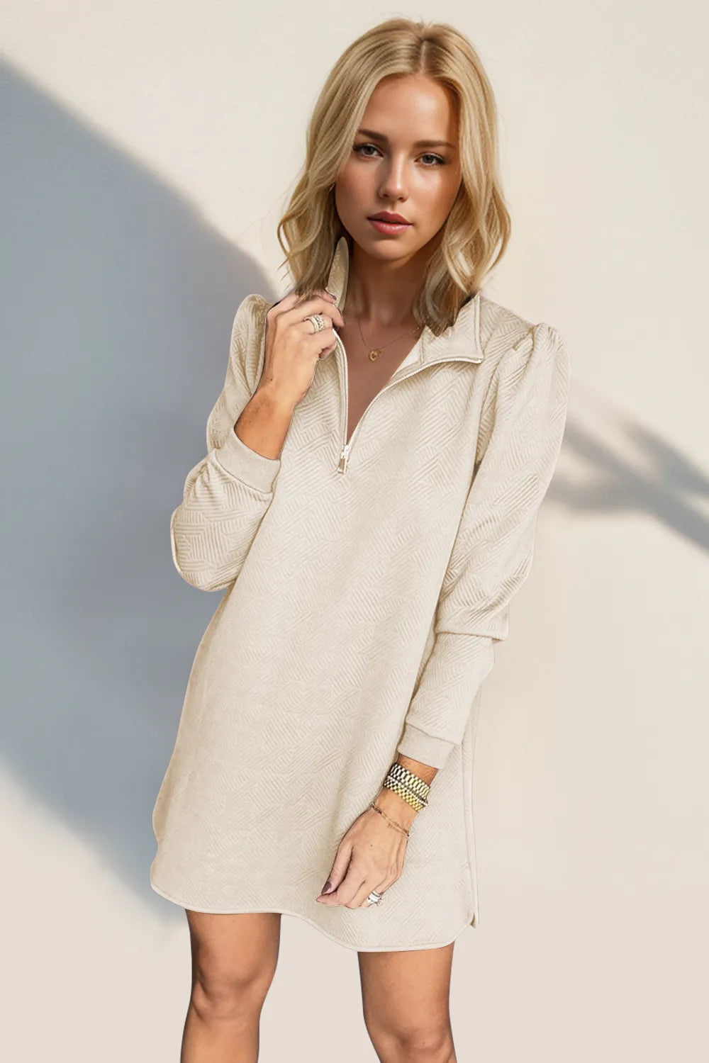 Double Take Textured Quarter Zip Long Sleeve Dress - kinko
