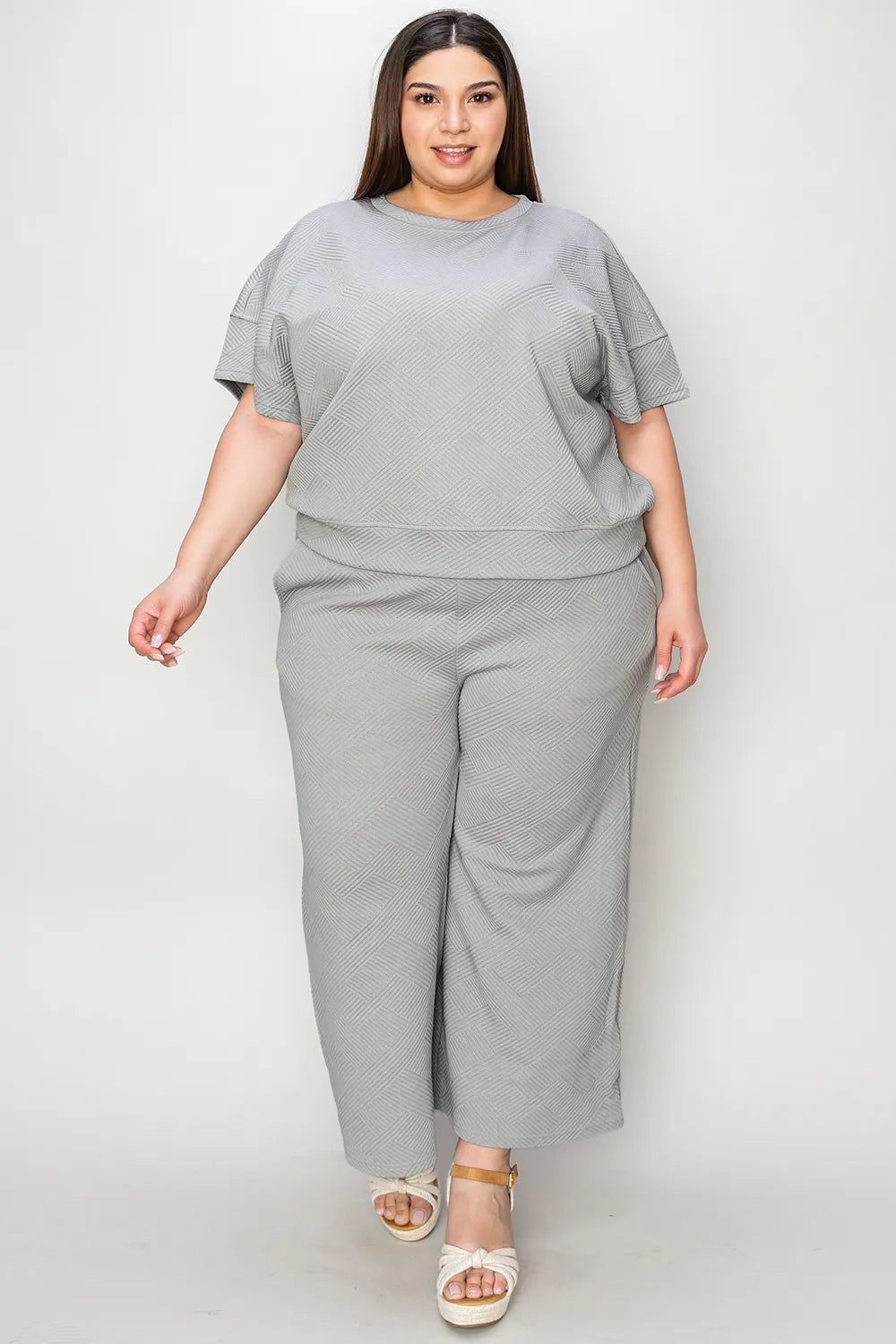 Double Take Full Size Texture Short Sleeve Top and Pants Set - kinko