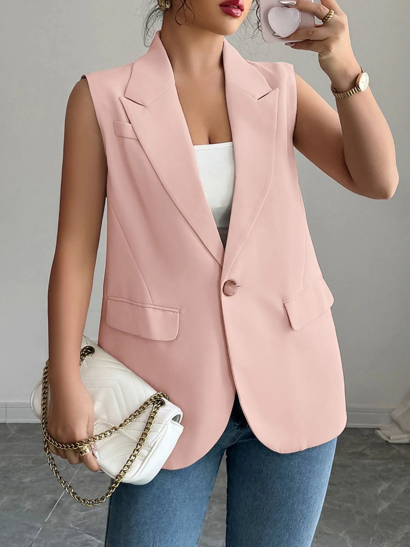 One Button Sleeveless Blazer - kinko