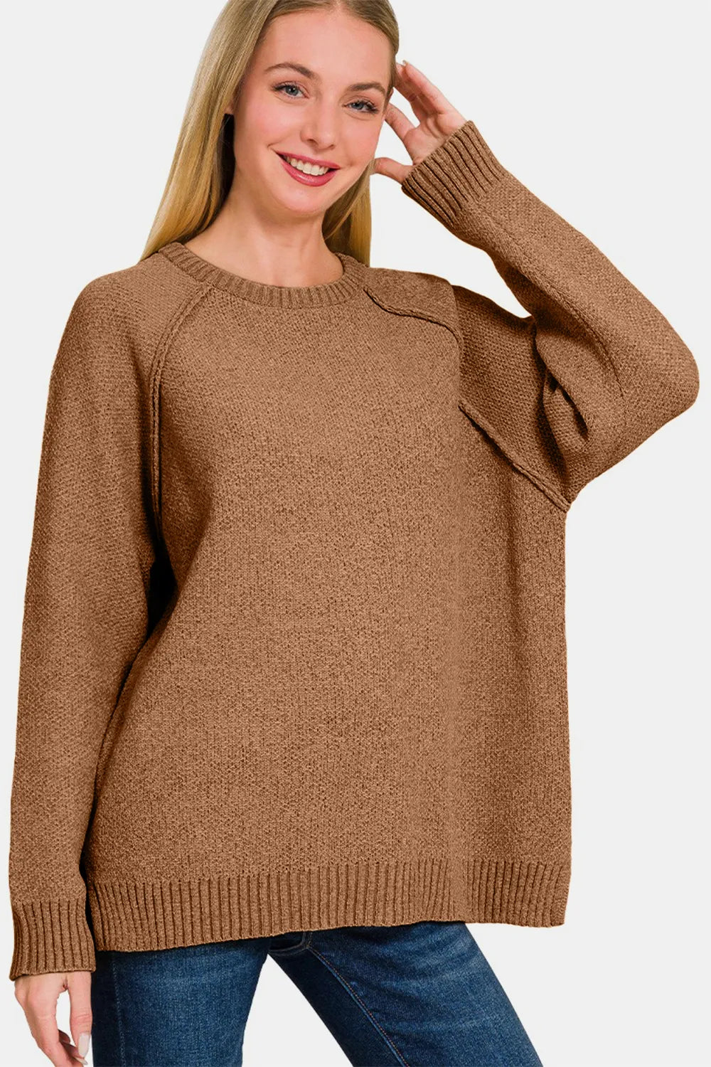 Zenana Side Slit Raglan Sleeve Sweater - kinko