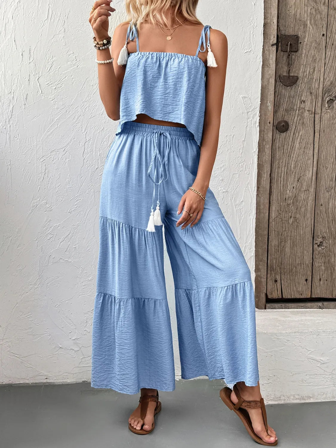 Ruffle Cami Top and Wide Leg Pants Set - kinko