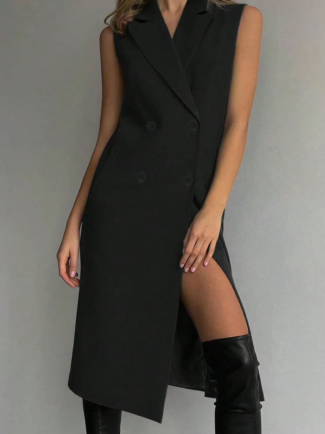 Lapel Collar Sleeveless Longline Blazer - kinko