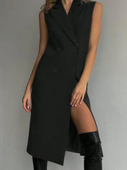 Lapel Collar Sleeveless Longline Blazer - kinko